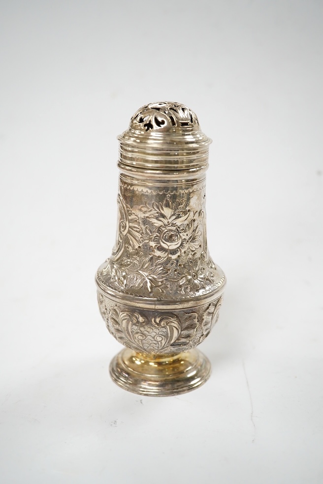 A George II silver sugar castor, with later embossed decoration, Jabez Daniell?, London, 1751, 12.8cm, cover unmarked, 4oz. Condition - fair